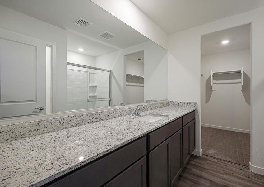 The master bath has a stunning vanity!