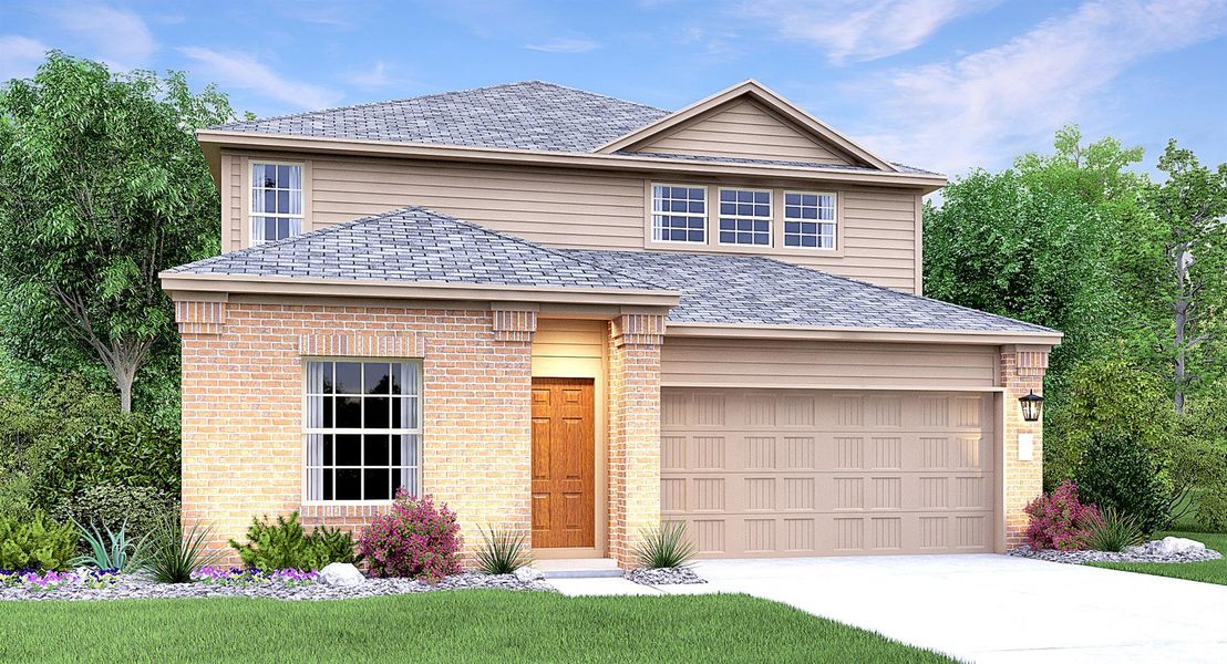 Front exterior of a new home in Meadowlark Preserve: Claremont Collection, Pflugerville, TX, highlighting curb appeal (Image 1). Front exterior of a new home in Meadowlark Preserve: Claremont Collection, Pflugerville, TX, highlighting curb appeal (Image 1).