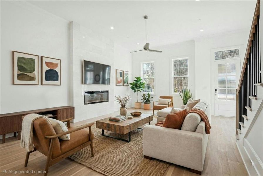 Bright living area featuring a contemporary fireplace with a sleek white surround, wood-finish flooring, a ceiling fan, and recessed lighting
