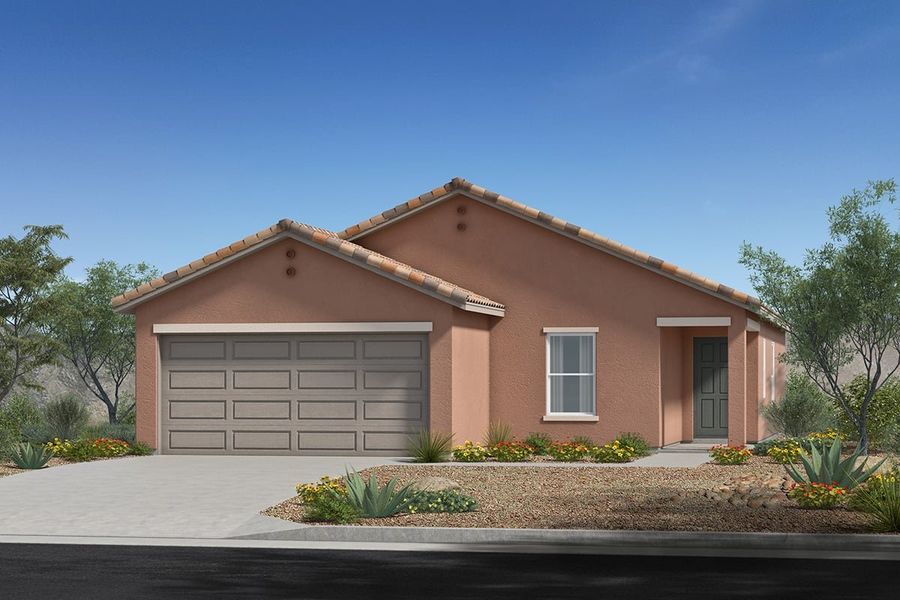 Front exterior of a new home in Entrada Del Pueblo at Rancho Sahuarita, Sahuarita, AZ, highlighting curb appeal (Image 1).
