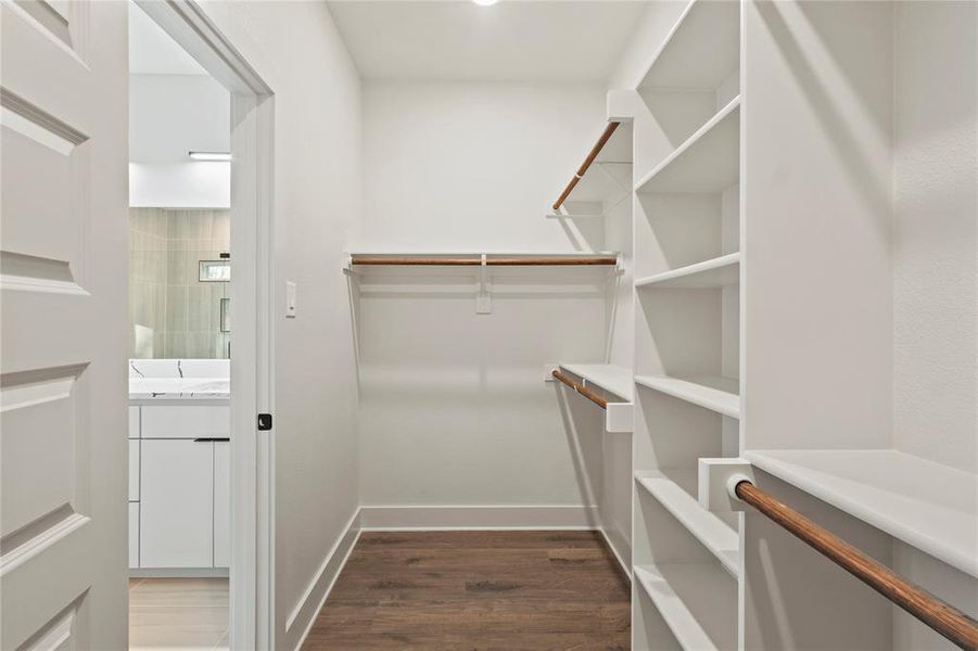 Spacious closet with dark wood-style flooring