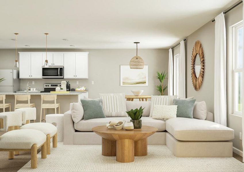 Rendering showing the open floor plan of
  the Burke, looking from the living room towards the kitchen and dining room.