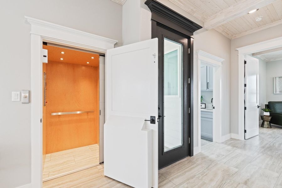 Hallway featuring ornamental molding, recessed lighting, and wooden ceiling Hallway featuring ornamental molding, recessed lighting, and wooden ceiling