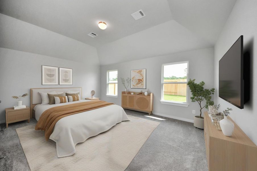 *Virtually Staged* Unwind in style in this remarkable primary suite after a long day! Revel in the luxury of plush carpet, warm paint tones, soaring ceilings, and expansive windows. Sample photo of completed home with similar floor plan. Actual colors and selections may vary. *Virtually Staged* Unwind in style in this remarkable primary suite after a long day! Revel in the luxury of plush carpet, warm paint tones, soaring ceilings, and expansive windows. Sample photo of completed home with similar floor plan. Actual colors and selections may vary.