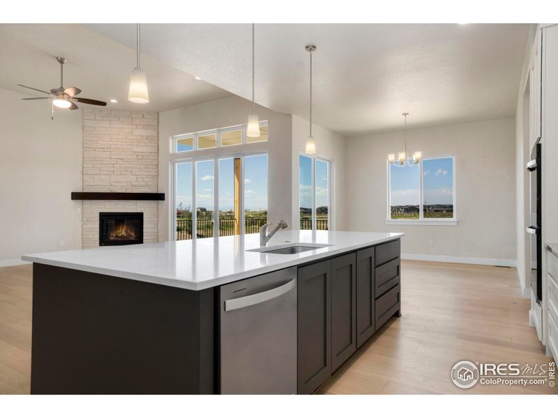 View from kitchen to dining area and great room.