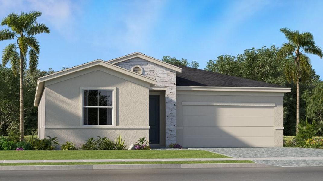 Front exterior of a new home in Riverwood at Everlands, Palm Bay, FL, highlighting curb appeal (Image 1). Front exterior of a new home in Riverwood at Everlands, Palm Bay, FL, highlighting curb appeal (Image 1).
