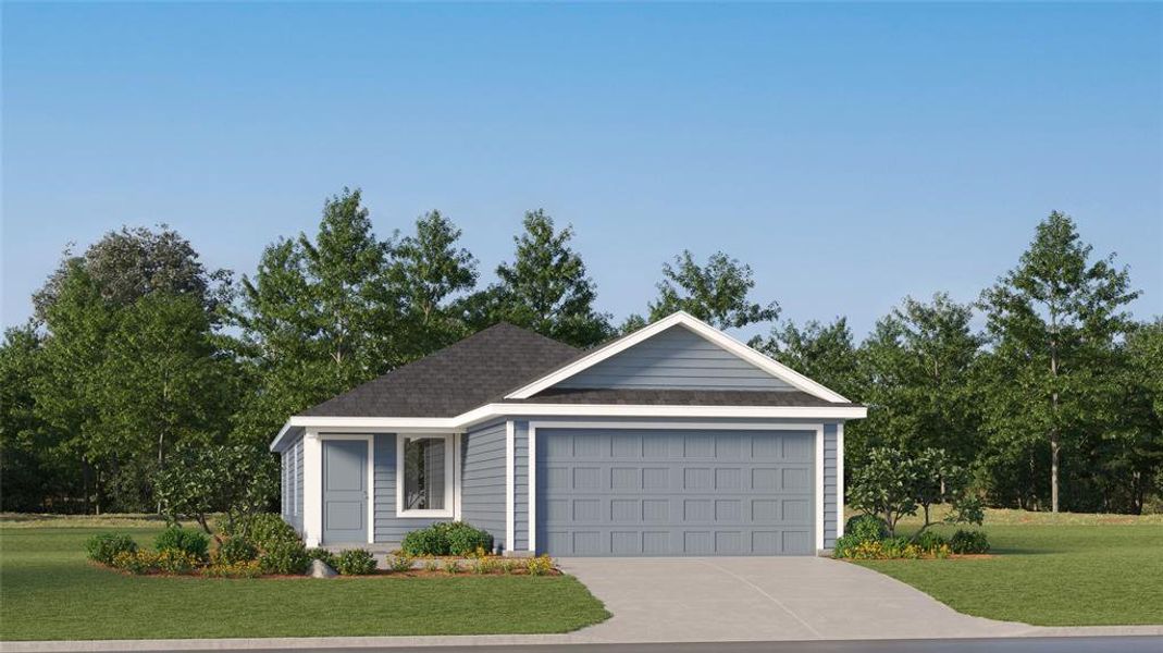 Single story home featuring a front yard and a garage