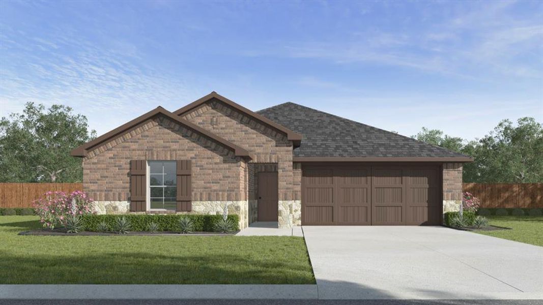 Front exterior of a new home in Woodcreek, Fate, TX, highlighting curb appeal (Image 1).