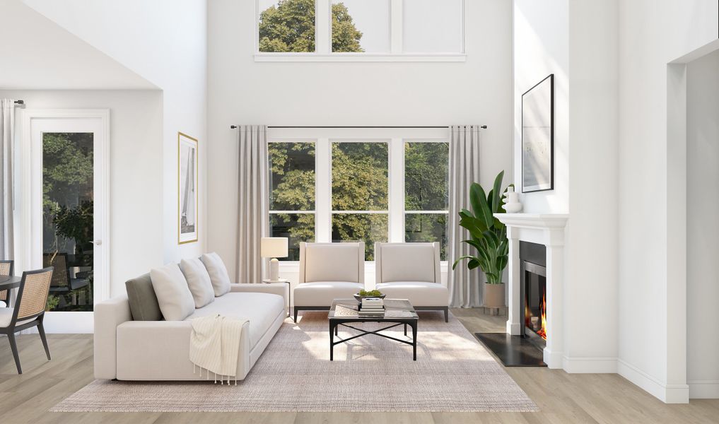 Great room with fireplace and gorgeous flooring