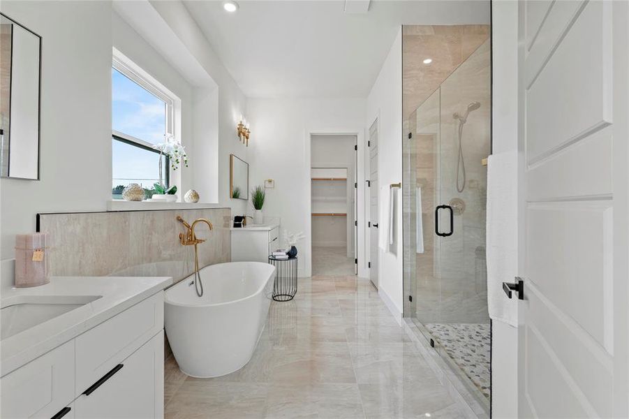 Bathroom featuring a shower stall, vanity, a freestanding bath, and a walk in closet