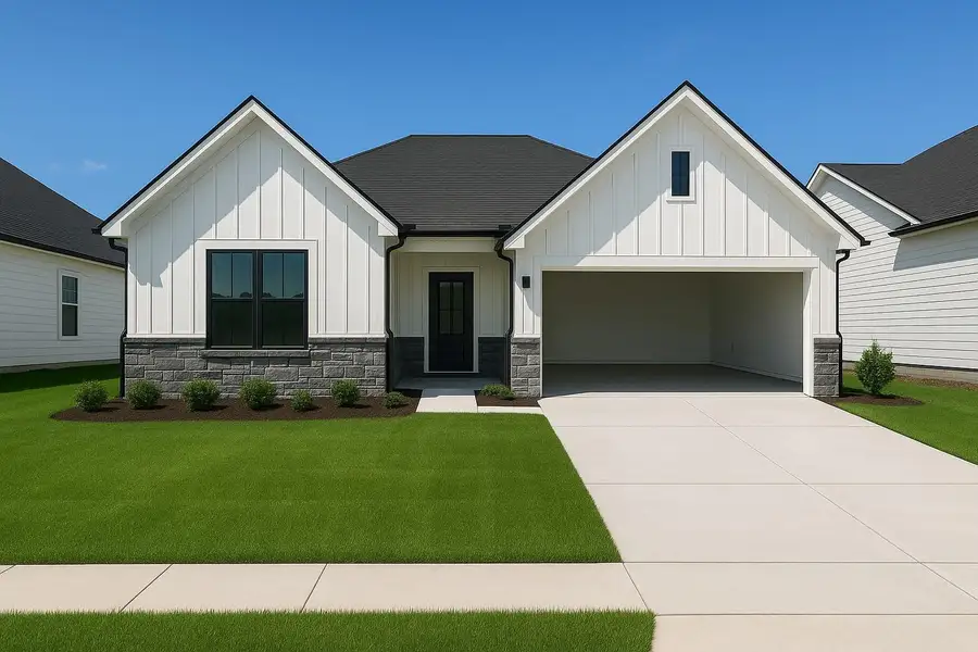 Front exterior of a new home in Hill & Dale Ranch, Splendora, TX, highlighting curb appeal (Image 1).