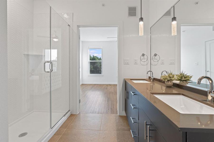 Spacious walk-in shower.