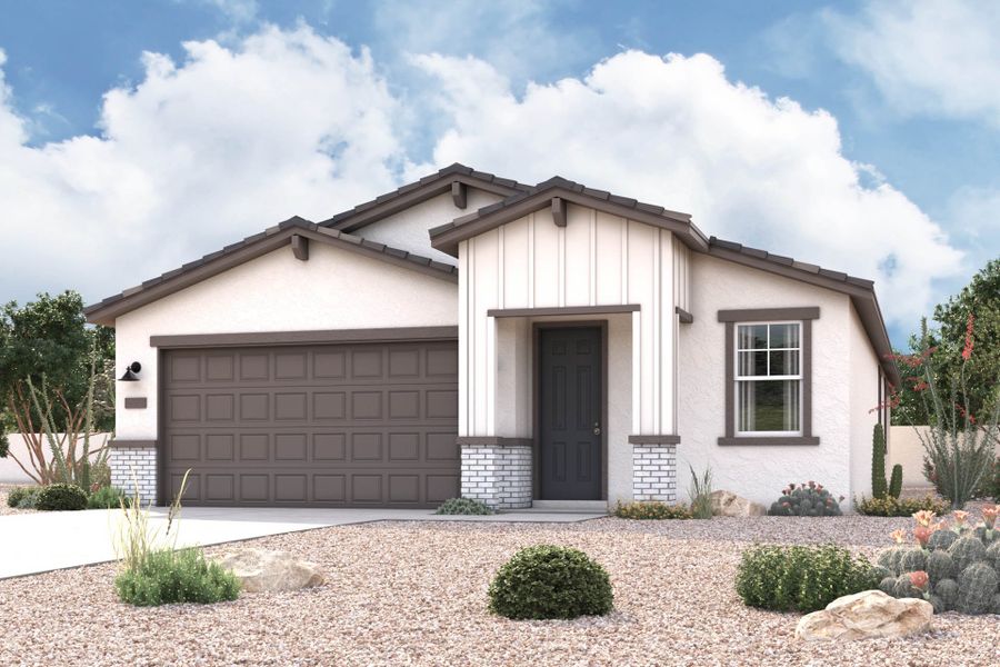 Front exterior of a new home in Palomino Ranch, Maricopa, AZ, highlighting curb appeal (Image 1). Front exterior of a new home in Palomino Ranch, Maricopa, AZ, highlighting curb appeal (Image 1).