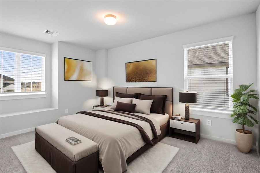 Secondary bedroom features plush carpet, custom paint, high ceilings, and a large window with privacy blinds.