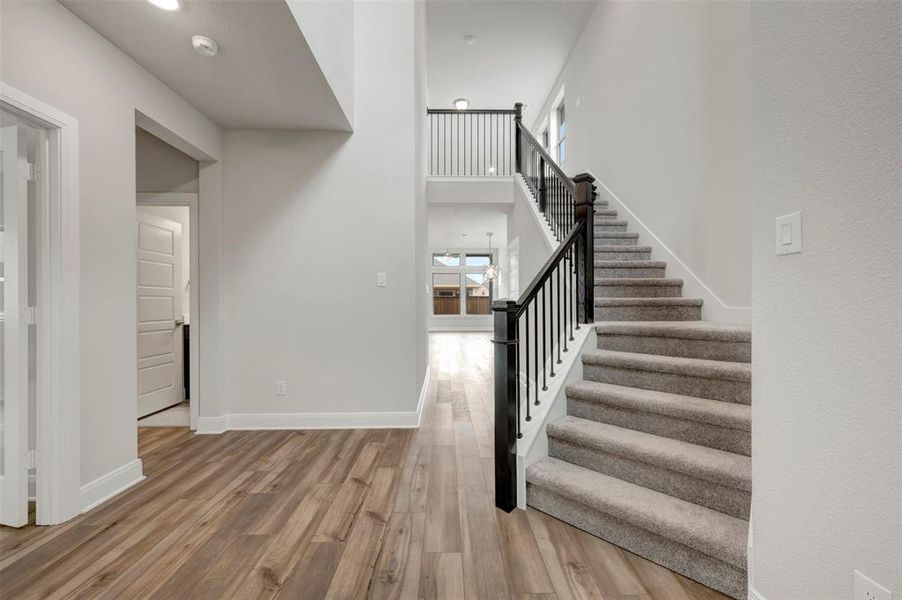 Two-story entry foyer featuring wood-finish flooring, a carpeted staircase with dark wood newel posts, and wrought iron balusters