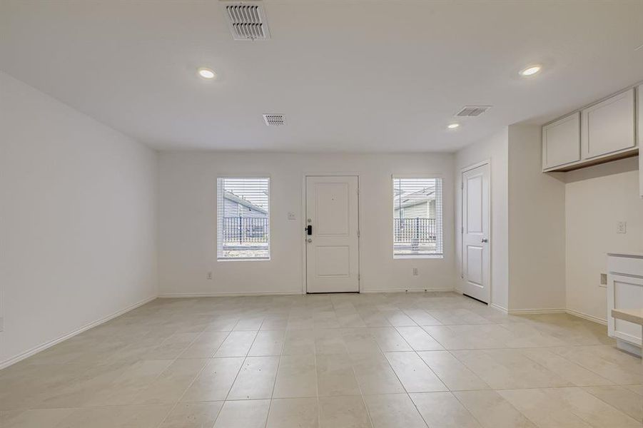 Living room with oversized tile flooring