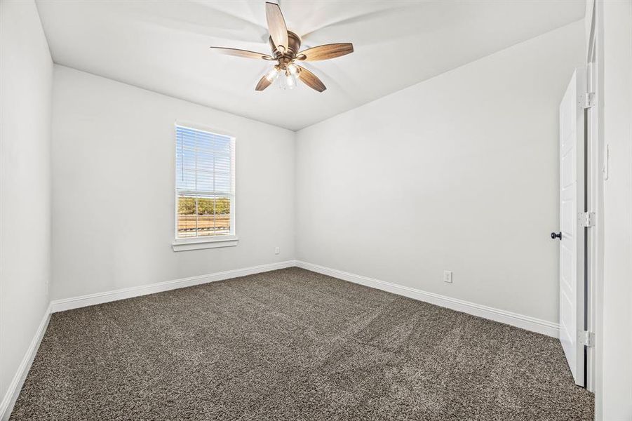 Unfurnished room featuring ceiling fan and carpet floors