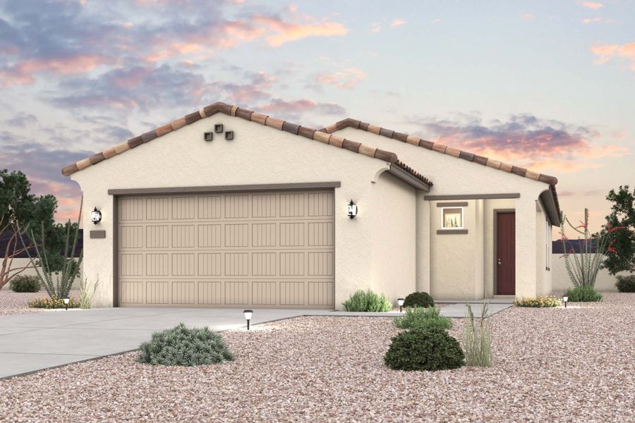 Twilight rendering of front of new home for sale in San Tan Valley, AZ at Skyline Village the Highlands Collection by Century Communities with 2 car garage. Twilight rendering of front of new home for sale in San Tan Valley, AZ at Skyline Village the Highlands Collection by Century Communities with 2 car garage.
