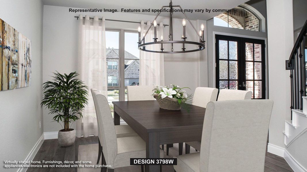 Dining room with dark wood-type flooring, a chandelier, and french doors Dining room with dark wood-type flooring, a chandelier, and french doors