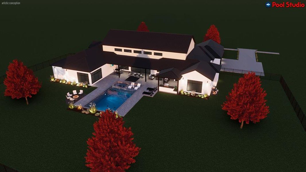 Aerial view of property and surrounding area featuring a pool area