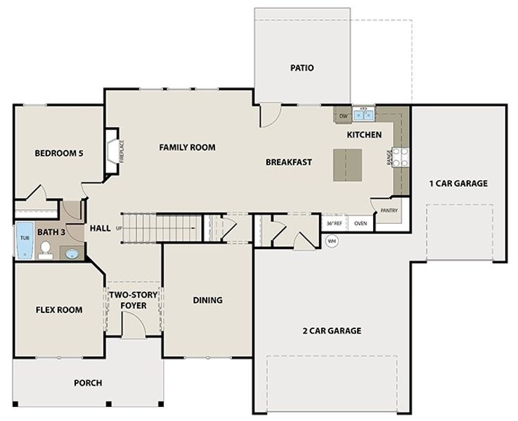 2D floor plan layout for the Dewhurst 3-Car by Peachtree Building Group in The Manor at Gainesville Township, Gainesville, GA (Image 3).