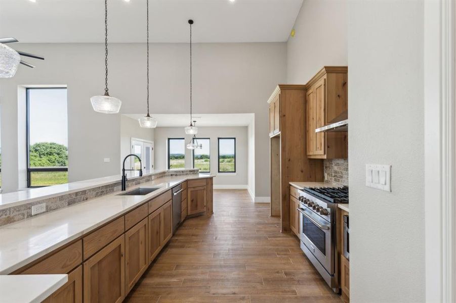 Kitchen with wood look tile floors, stainless steel appliances, a sink, decorative backsplash, and hanging light fixtures Kitchen with wood look tile floors, stainless steel appliances, a sink, decorative backsplash, and hanging light fixtures