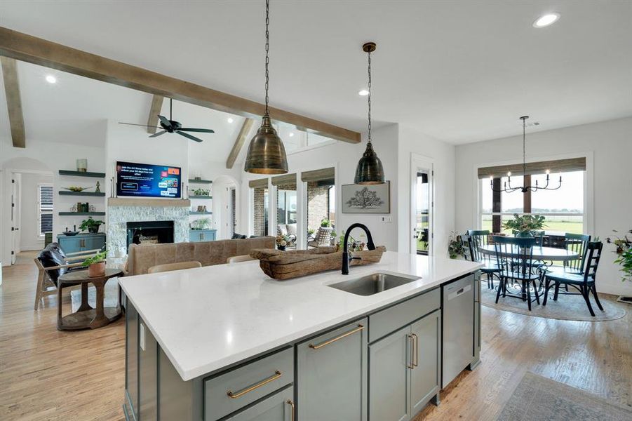 Gorgeous open concept with oversized island and custom copper fixtures!
