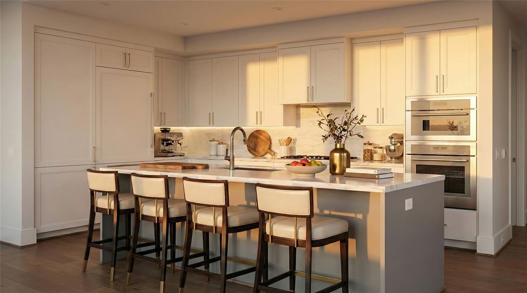 A chef’s kitchen showcases an oversized island with seating, custom cabinetry with soft-close drawers, Sub-Zero refrigerator, freezer drawers, and gas burners designed for the serious cooking enthusiast. Virtually Staged.