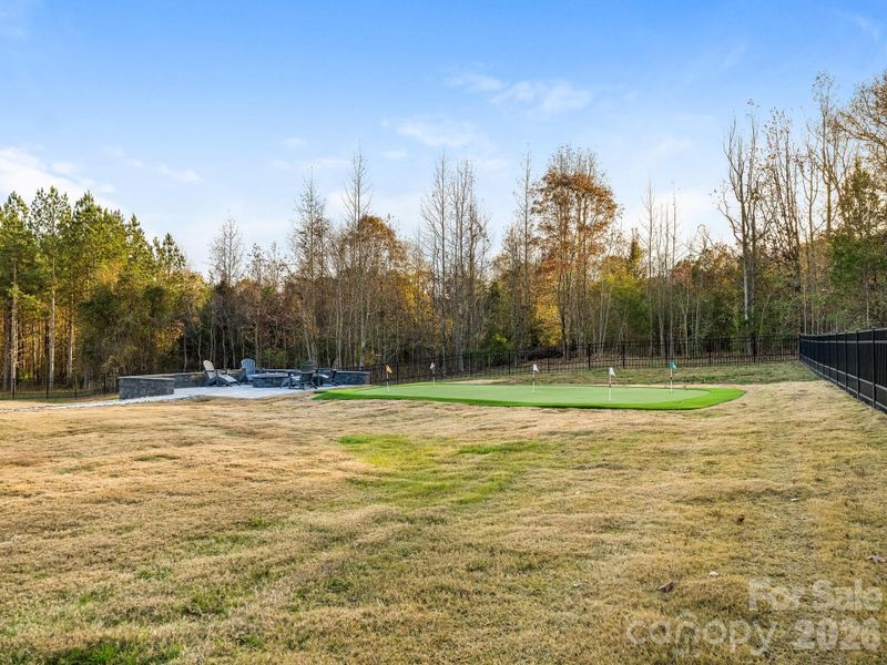 View of putting green & fire pit from inside the fenced yard (right side).