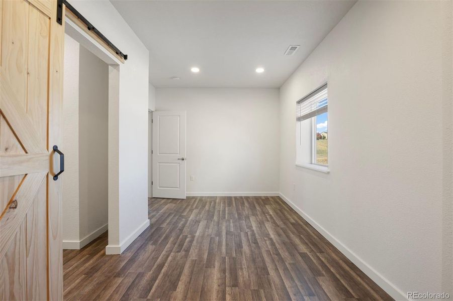 Basement bedroom/flex retreat with a windowed view, walk-in closet, and barn door to ensuite.