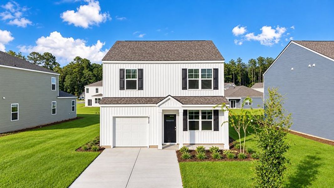 Front exterior of a new home in Pine Hills at Cane Bay, Summerville, SC, highlighting curb appeal (Image 1). Front exterior of a new home in Pine Hills at Cane Bay, Summerville, SC, highlighting curb appeal (Image 1).