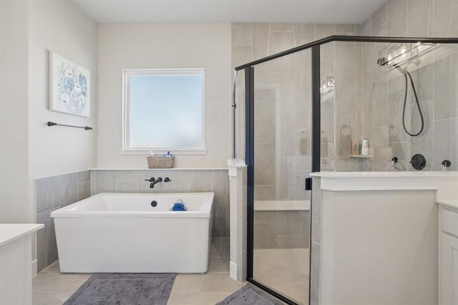 Primary bath with tiled shower, spa bath, separate vanities, and a spacious closet