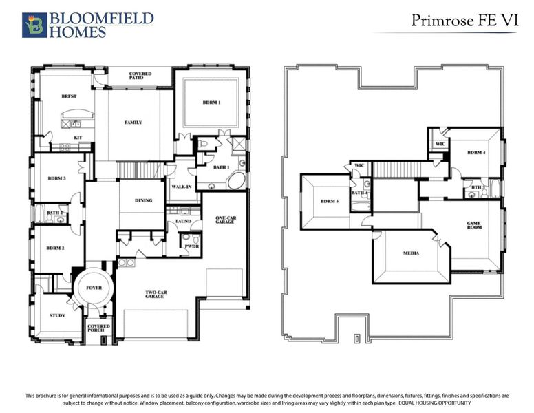 Bloomfield Homes Primrose FE VI two-story floor plan with five bedrooms, game room, media room, and two-car garage.
