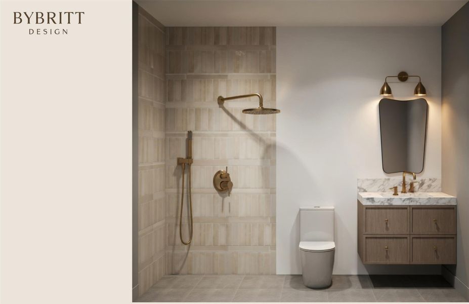 Bathroom featuring a shower with light-toned rectangular wall tiles and brass fixtures, a floating wood-finish vanity with a marble countertop, and a contemporary mirror with an overhead brass light fixture