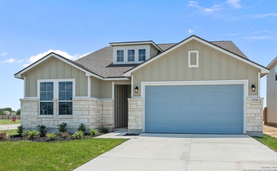 Front exterior of a new home in Weltner Farms 50’s, New Braunfels, TX, highlighting curb appeal (Image 19). Front exterior of a new home in Weltner Farms 50’s, New Braunfels, TX, highlighting curb appeal (Image 19).