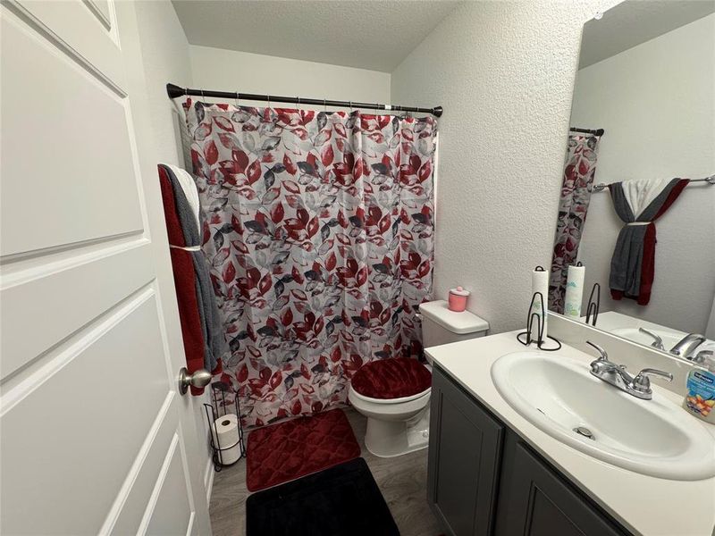 Bathroom with vanity, a textured ceiling, toilet, and walk in shower