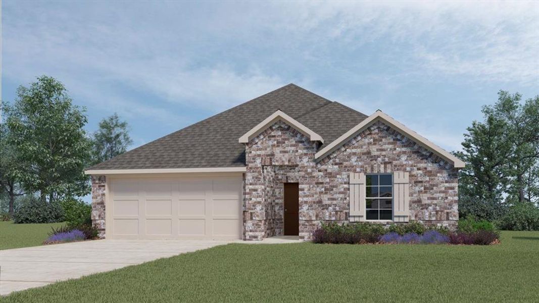 View of front facade featuring a garage and a front lawn