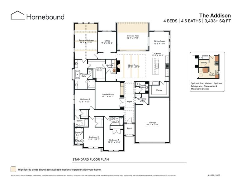 2D floor plan layout for the The Addison by Homebound in Mosaic, Prosper, TX (Image 3).