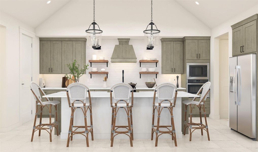 Gourmet island kitchen with light stain cabinets and quartz counters (*Artist rendering used for illustration purposes only.)