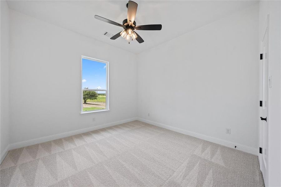 Spare room with light carpet and ceiling fan