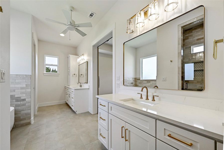 White cabinets with gold fixtures looks great...classy.  A small ceiling fan circulates air and cools things off.