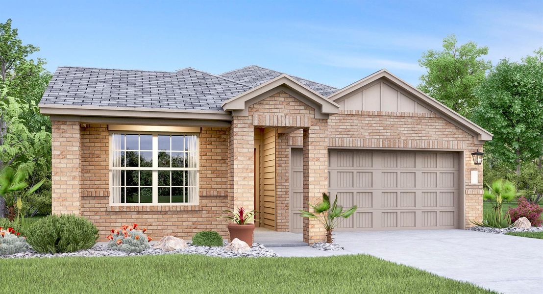 Front exterior of a new home in Plum Creek North, Kyle, TX, highlighting curb appeal (Image 2).