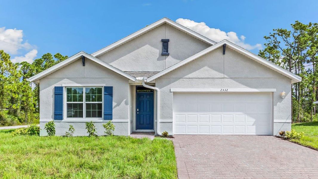 Representative exterior photo of a completed home built from the Cali by D.R. Horton in Lehigh Acres Spot Lots, Lehigh Acres, FL (Image 2). Representative exterior photo of a completed home built from the Cali by D.R. Horton in Lehigh Acres Spot Lots, Lehigh Acres, FL (Image 2).