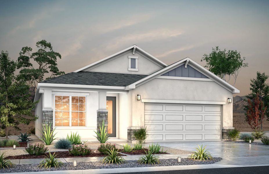 Front exterior of a new home in Desert Breeze, Horizon City, TX, highlighting curb appeal (Image 2). Front exterior of a new home in Desert Breeze, Horizon City, TX, highlighting curb appeal (Image 2).