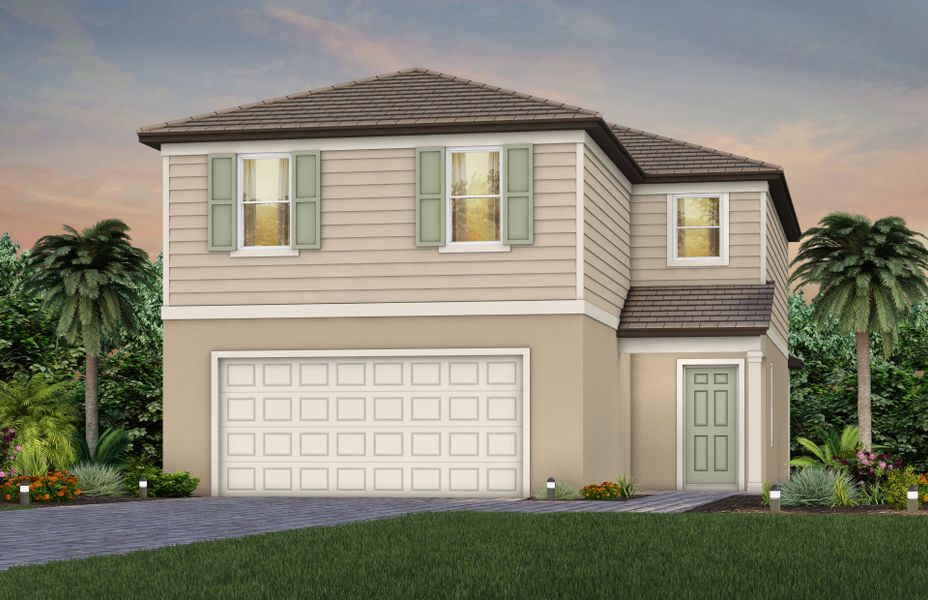 Front exterior of a new home in Longmeadow at North River Ranch, Parrish, FL, highlighting curb appeal (Image 1). Front exterior of a new home in Longmeadow at North River Ranch, Parrish, FL, highlighting curb appeal (Image 1).