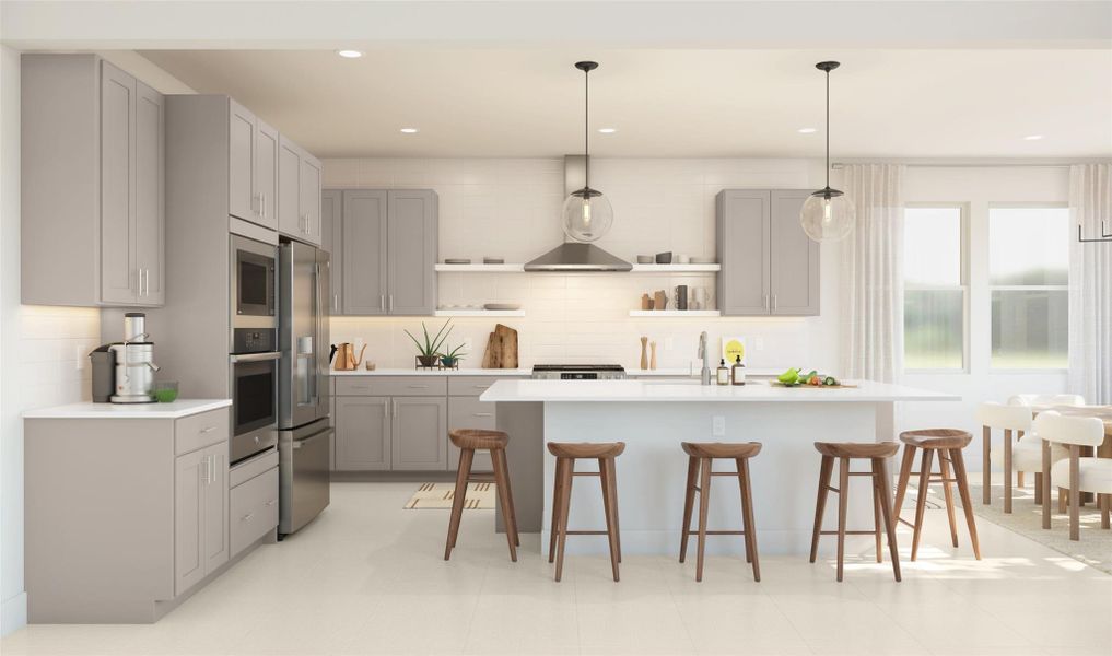 Gourmet kitchen with ash grey cabinets and quartz countertops (*Artist rendering used for illustration purposes only.)