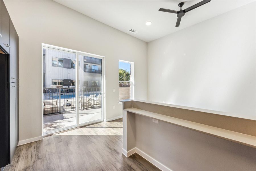 Natural light floods this room, highlighting the contemporary flooring and clean finishes. Natural light floods this room, highlighting the contemporary flooring and clean finishes.
