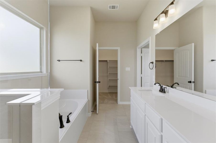 Full bathroom featuring vanity, a bath, and a walk in closet Full bathroom featuring vanity, a bath, and a walk in closet