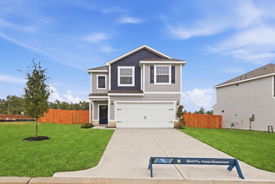Front exterior of a new home in Magnolia Woods, Magnolia, TX, highlighting curb appeal (Image 1). Front exterior of a new home in Magnolia Woods, Magnolia, TX, highlighting curb appeal (Image 1).