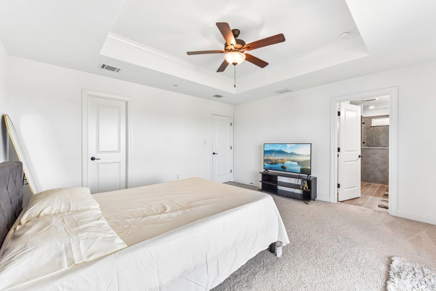 A well-lit bedroom with soft carpeting and a distinctive tray ceiling, offering a comfortable personal retreat.